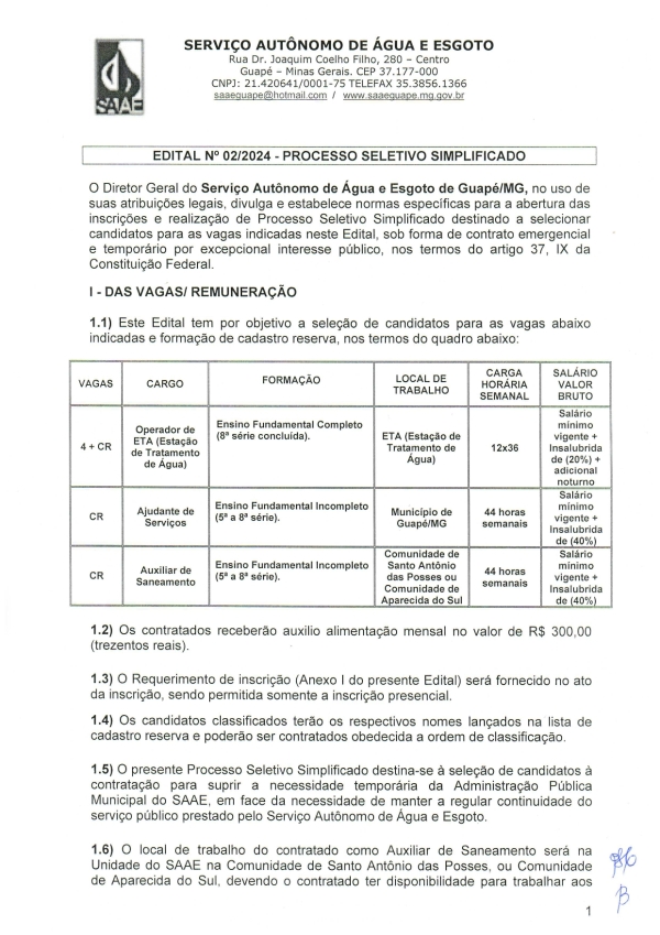 EDITAL Nº 02/2024 - PROCESSO SELETIVO SIMPLIFICADO (SAAE)