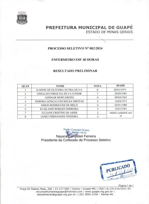 RESULTADO PRELIMINAR DO EDITAL Nº 02/2024 (ENFERMEIRO EDF 40 HORAS)