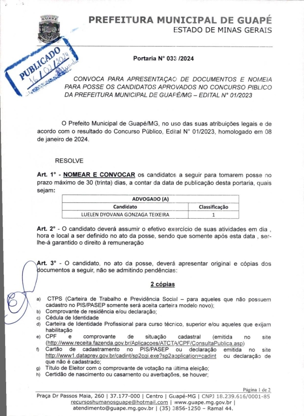 PORTARIA 033/24 CONVOCAÇÃO PARA APRESENTAÇÃO E NOMEIA PARA POSSE OS CANDADIDATOS APROVADOS NO CONCURSO PÚBLICO DA PREFEITURA MUNICIPAL DE GUAPÉ-MG