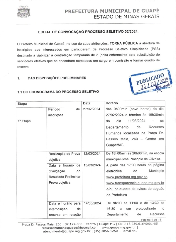 EDITAL DE CONVOCAÇÃO PROCESSO SELETIVO 02/2024