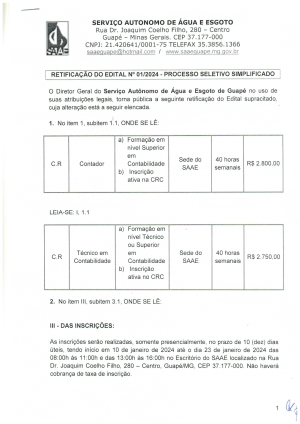 RETIFICAÇÃO DO EDITAL Nº 01/2024 - PROCESSO SELETIVO SIMPLIFICADO SAAE