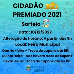 CIDADÃO PREMIADO 2021 - ALTERAÇÃO DE HORÁRIO